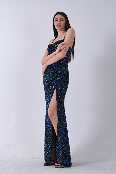 Feminist Drapeli Parlak Pul Payetli Askılı Abiye Lacivert 9705539