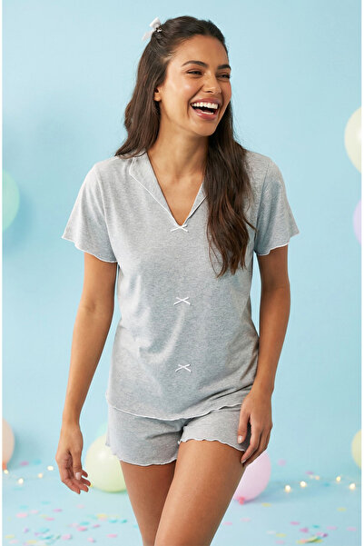 Siyah İnci Gri Fiyonklu Örme Şort Takım7872