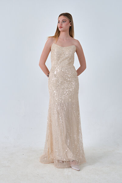 Feminist Taş İşlemeli Uzun Balık Abiye Gold 0801056