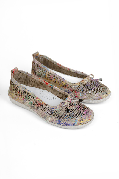 RABU Bej Kadın Hakiki Deri Renkli Baskılı Ortopedik Fiyonklu Delikli Babet