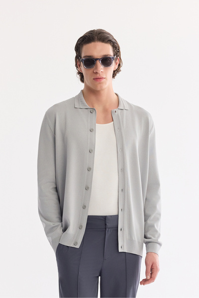 Avva Men's Gray Polo Collar Buttoned Rayon Regular Fit Cardigan A61Y5001