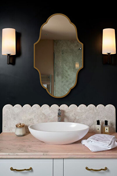 Fawdecor Lüks Tasarım Ahşap Çerçeveli Dekoratif Ayna-Modern Kavisli Form Bany...