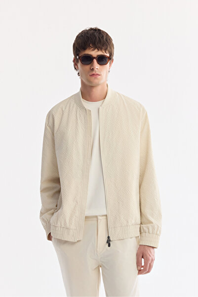 Avva Men's Ecru Gofreli Zippered Water Repellent Bomber Jacket A61Y6059