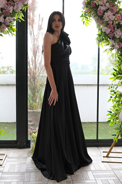 Feminist Saten Omuz Fiyonklu Abiye Elbise Siyah 1302192