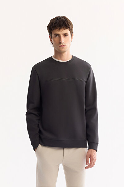 Avva Men's Anthracite Crew Neck Cotton Bi-Stretch Printed Regular Fit Sweatsh...