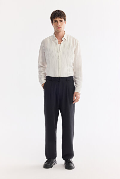 Avva Men's Black Classic Waist Buckle Detailed Modal Blend Knidos Baggy Fit T...