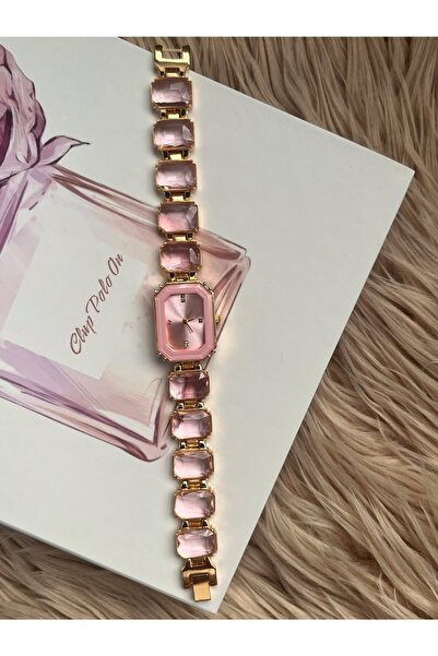 CLUPPOLOON Kesme taşlı pembe kadın kol saati beyaz kadran