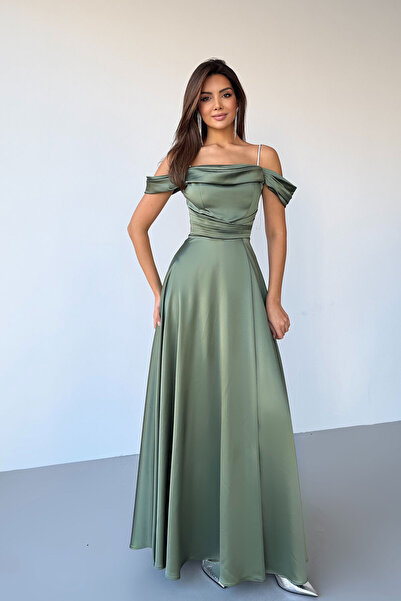 Feminist Taş Askılı Düşük Kol Saten Abiye Haki 0806118