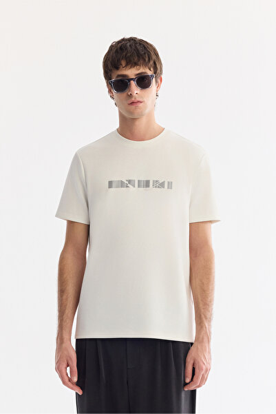 Avva Men's Ecru Crew Neck Printed Interlock Regular Fit T-Shirt A61Y1061