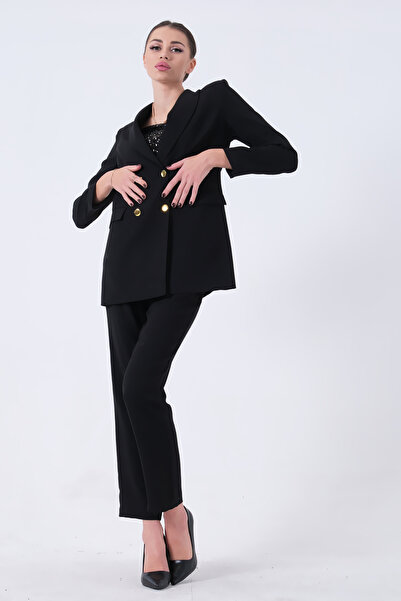belamore Kadın Dört Düğmeli Kruvaze Blazer Ceket & Pantolon Takım Siyah 0106305