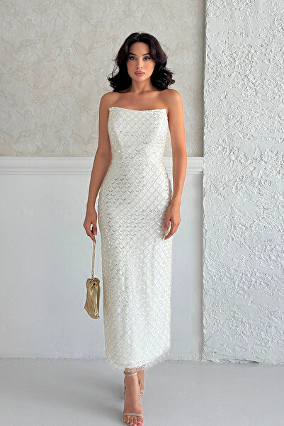 Feminist Midi Boy Straplez Pul Payet Abiye Beyaz 0801134