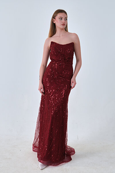 Feminist Taş İşlemeli Uzun Balık Abiye Bordo 0801056