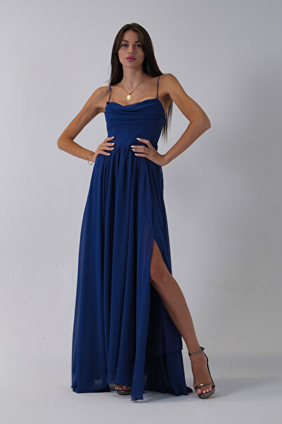 Feminist Askılı Drapeli Uzun Şifon Abiye Saks 08020032