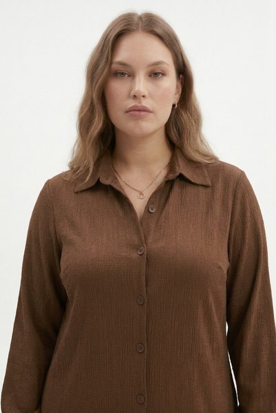 Talvien Plus Size Wrinkled Fabric Long Dress – Shirt Collar, Buttoned Throughout