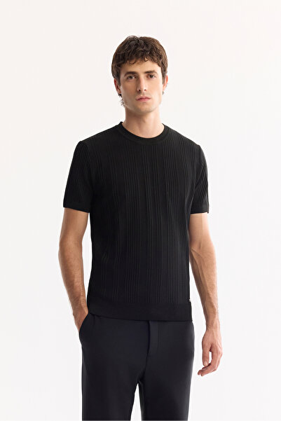 Avva Erkek Siyah Bisiklet Yaka Çizgili Triko Regular Fit T-Shirt A52Y5005
