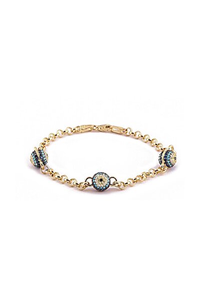 SUNSHINE 925 Ayar Gold Kaplamalı Zirkon Taşlı Nazar Gözlü Gümüş Bileklik