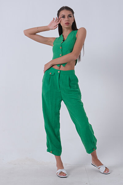 Feminist بدلة سترة كتان زمردية0106321