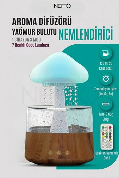NEFFO Sihirli Yağmur Bulut Aromaterapi Difüzör | Mini USB Taşınabilir Nemlendirici, Su Damla Efektli