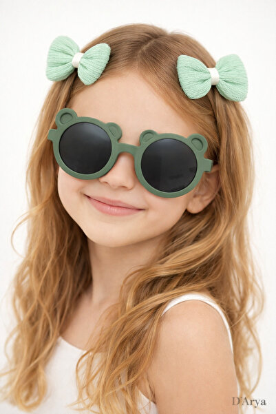 Darya Dd372 Mint Green Bear Framed Children's Sunglasses and Bow Buckle Set (...