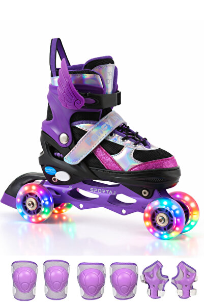 Sportaj مجموعة زلاجات الأطفال المضيئة ووسادات الركبة من Angel Wings مع عجلة س...