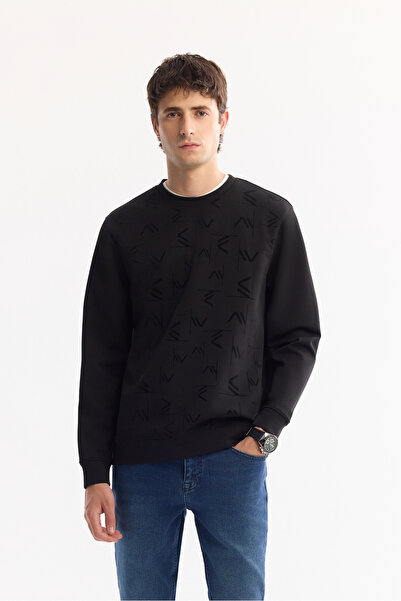 Avva Men's Black Crew Neck Cotton Bi-Stretch Printed Regular Fit Sweatshirt A...