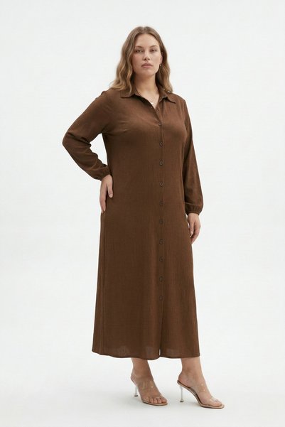 Talvien Plus Size Wrinkled Fabric Long Dress – Shirt Collar, Buttoned Throughout