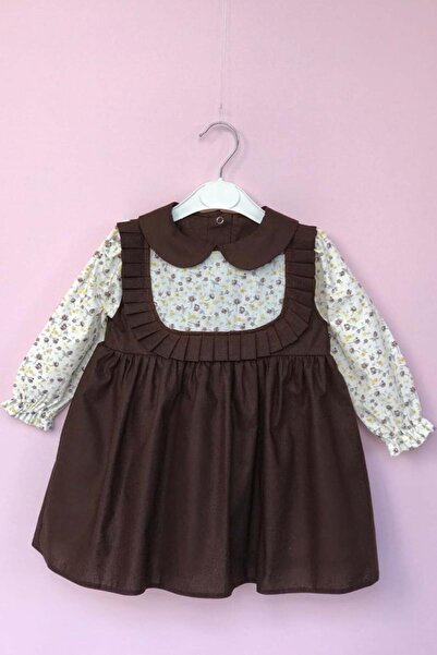 Bertuğ Bebek Bebe Yaka Pileli Çiçekli Kahve Kız Çocuk Bebek Elbise