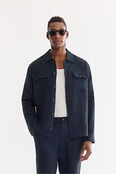 Avva Men's Navy Blue Classic Collar Breathable 100% Linen Comfort Fit Shirt J...