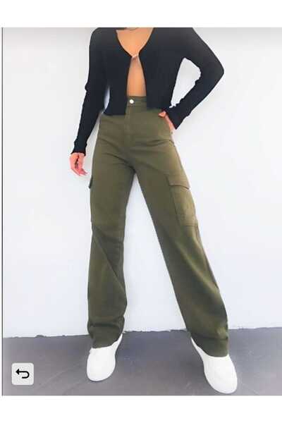 Lixera Super High Waist Stretch Fabric Khaki Cargo Pocket Wide Leg Jean Trousers