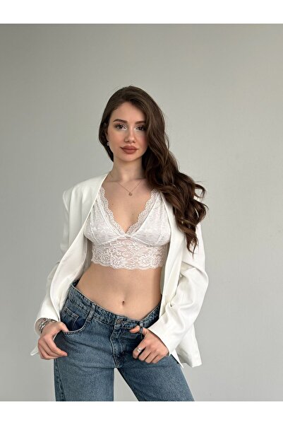 FORSACE Kadın Dantelli Kalın Askılı V Yaka Astarlı Crop Büstiyer Bralet