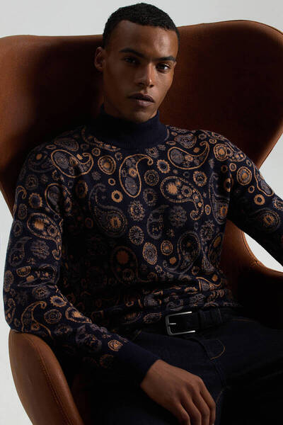 Hemington Saf Kaşmir Paisley Desen Lupetto Yaka Lacivert Kazak