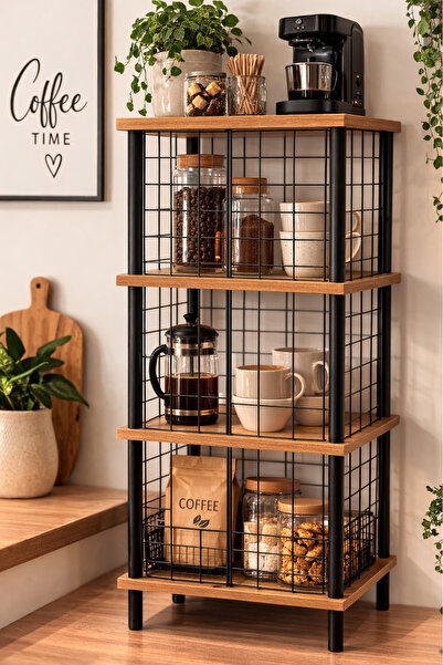 PEKA Metal Kapaklı 3 Raflı Kahve Köşesi Mutfak Dolabı Dekoratif Raf Çok Amaçl...