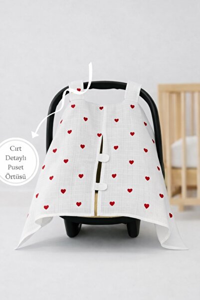 Pedimu Müslin Kırmızı Kalp Desenli Cırtlı Müslin Puset Örtüsü %100 Cotton