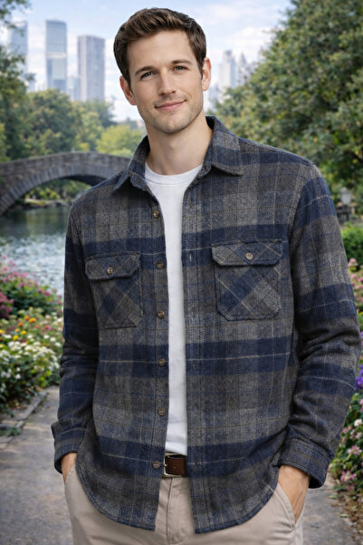 Le Marin Erkek Lacivert Gri Oduncu Gömlek Cepli Kalın Kumaş