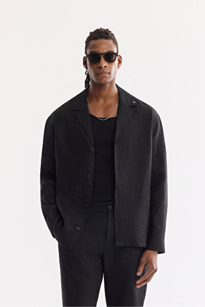 Avva قميص رجالي أسود بياقة كوبية 100% كتان مريح بأكمام طويلة A61Y2114