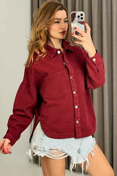 Raneel Kazançlı Alışveriş Women's double Pocketed oval cut denim shirt jacket...