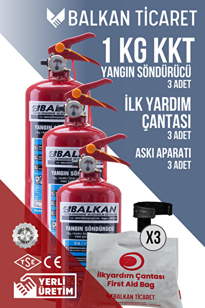 Balkan Ticaret 1Kg Mini Yangın Tüpü 3 Adet Askı Aparatı İlkyardım Seti Ruhsat...