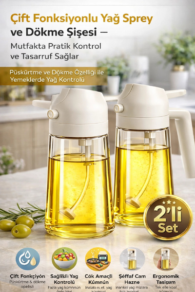 Berdina Home 2'li Çift Fonksiyonlu Cam Yağdanlık 450ml Zeytinyağı Sıvıyağ Şiş...