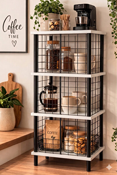 PEKA Metal Kapaklı 3 Raflı Kahve Köşesi Mutfak Dolabı Dekoratif Raf Çok Amaçl...