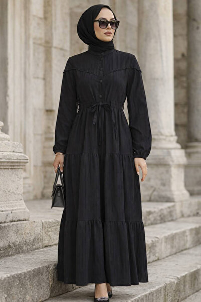 Neva Style Rochie plisată cu hijab neagră - 10334S