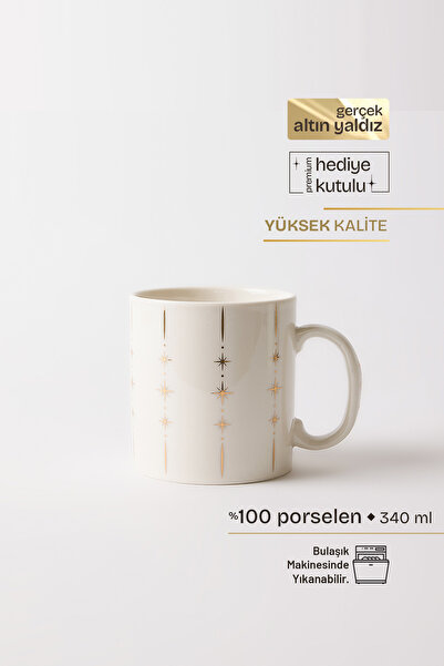 TUSE LIVING Stella Gerçek Altın Yaldızlı Işıltılı Porselen Kupa 340 ml