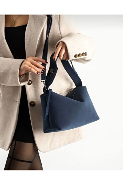 Eylül Women's Navy Blue Nubuck Textured Shoulder Bag - Adjustable Cross Strap...
