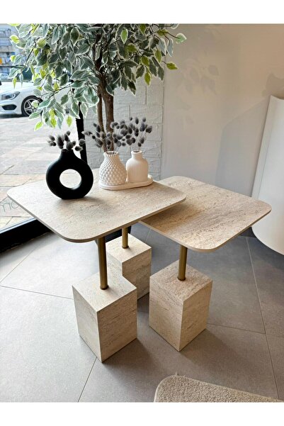 CAVARİOR MOBİLYA 3’lü Zigon Sehpa Traverten Mermer Desen Modern Küp Tasarım