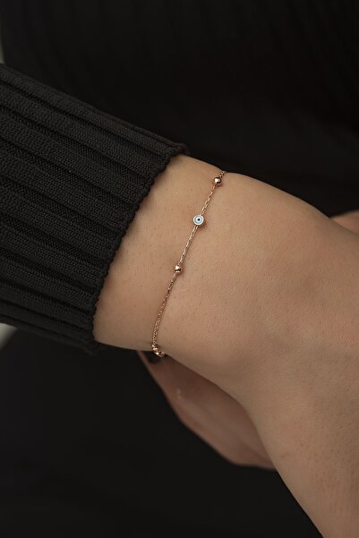 SUNSHINE 925 Ayar Rose Kaplamalı Top Zincirli Mavi Yuvarlak Nazar Göz Gümüş B...