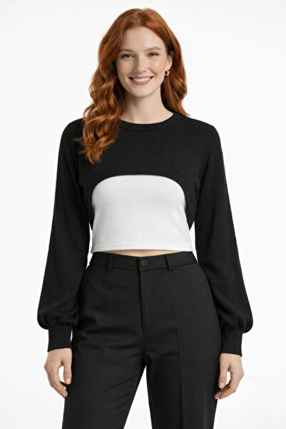 Neden Tekstil Black Mock Neck Low-Cut Cropped Bolero Knitwear