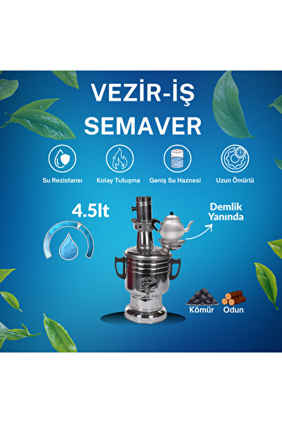Blue Home Vezir-İş 4.5 Lt Krom Semaver | Odun & Kömürlü Piknik Semaveri | Kro...