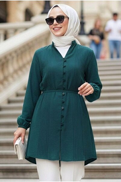 N.S NEVA STYLE Pile Detailed Petrol Green Hijab Tunic 20299Py
