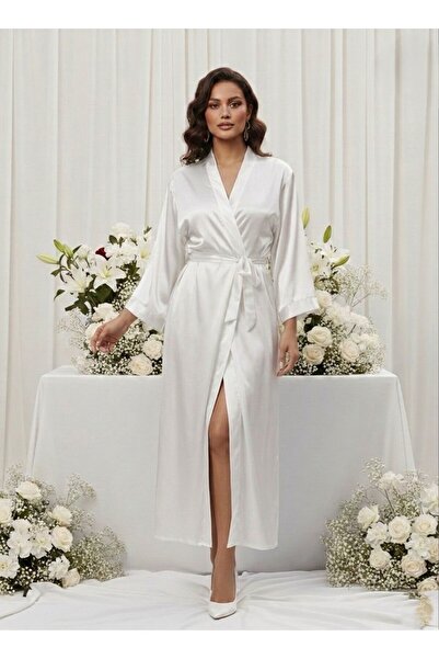 NUİTAMORE Beyaz Bride Saten Uzun Sabahlık.
