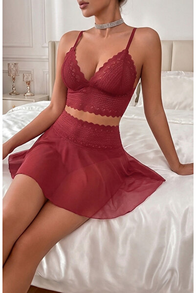 LC Waikiki Γυναικείο Κομψό Σετ Νυχτικών με Δαντέλα και Τούλι με Λεπτομέρειες ...