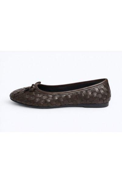 Noliva Women's Bitter Brown Faux Leather Textured Knitted Patterned Bowknot Ballerinas